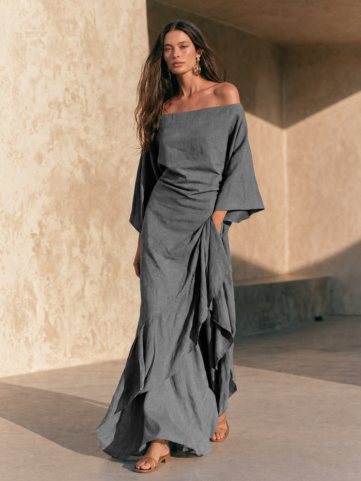 Evelina | Abito Maxi Minimal a Spalle Scoperte con Volant Asimmetrico, Grigio