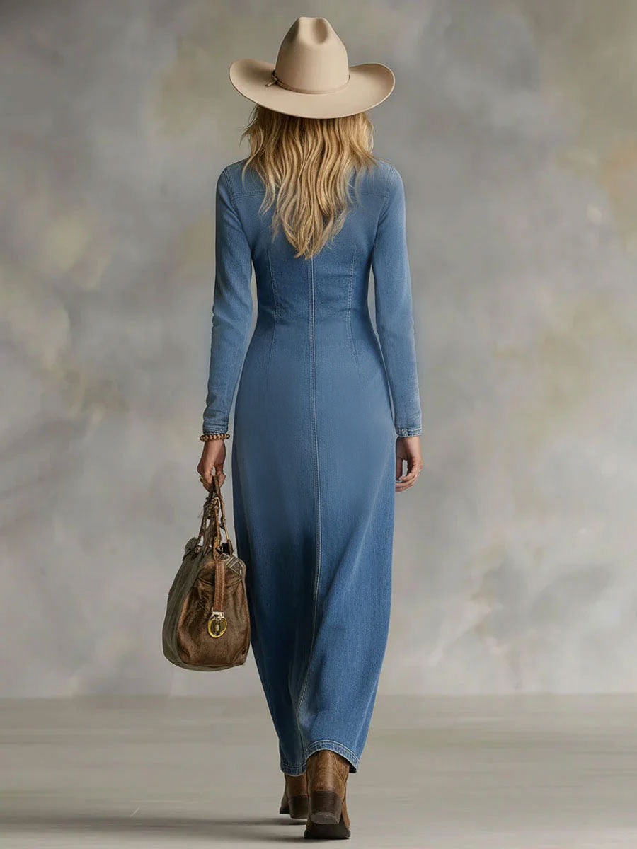 Eulalia | Abito Maxi in Denim con Scollo a V e Bottoni, Blu