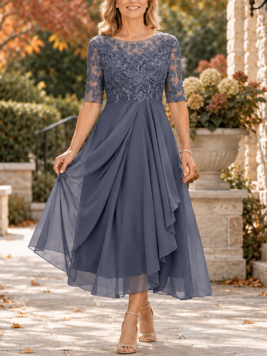 Cesira | Abito Midi con Corpetto in Pizzo e Gonna in Chiffon, Blu Ardesia