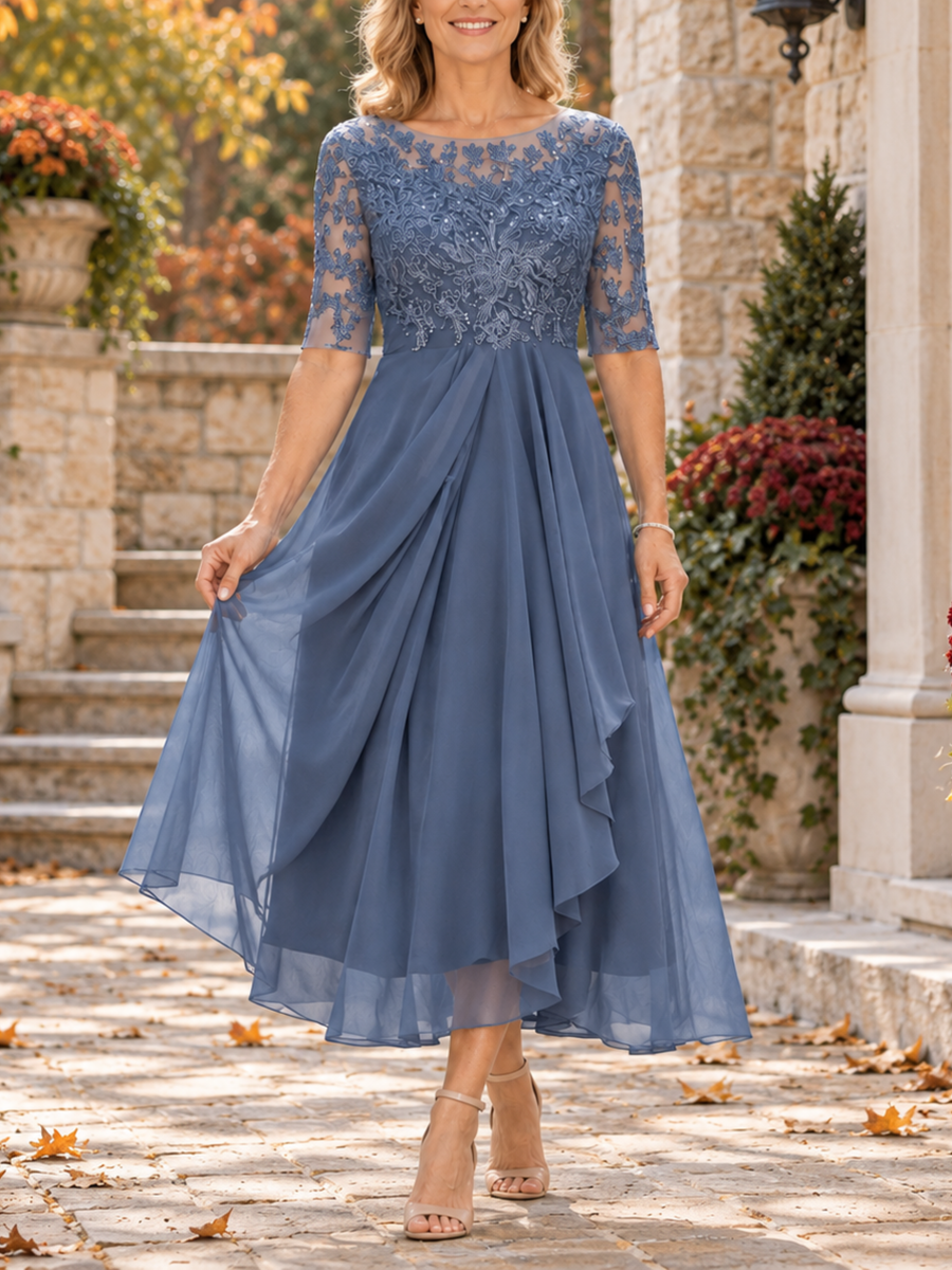 Giuditta | Abito Midi con Corpetto in Pizzo e Gonna in Chiffon, Blu Polvere