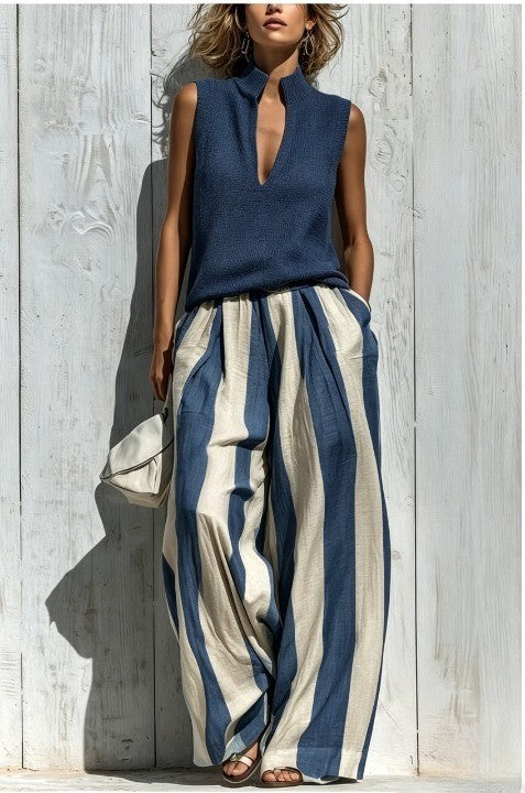 Beata | completo top smanicato e pantalone a righe, Blu Navy