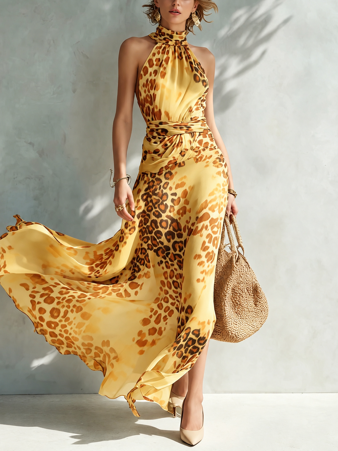 Danila – abito lungo animalier giallo, frontale