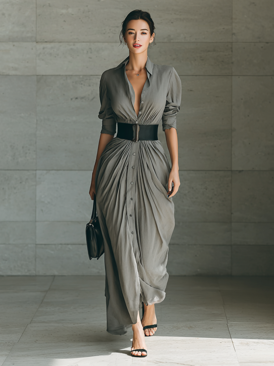 Zefirina | Abito Lungo a Camicia con Cintura Larga, Grigio