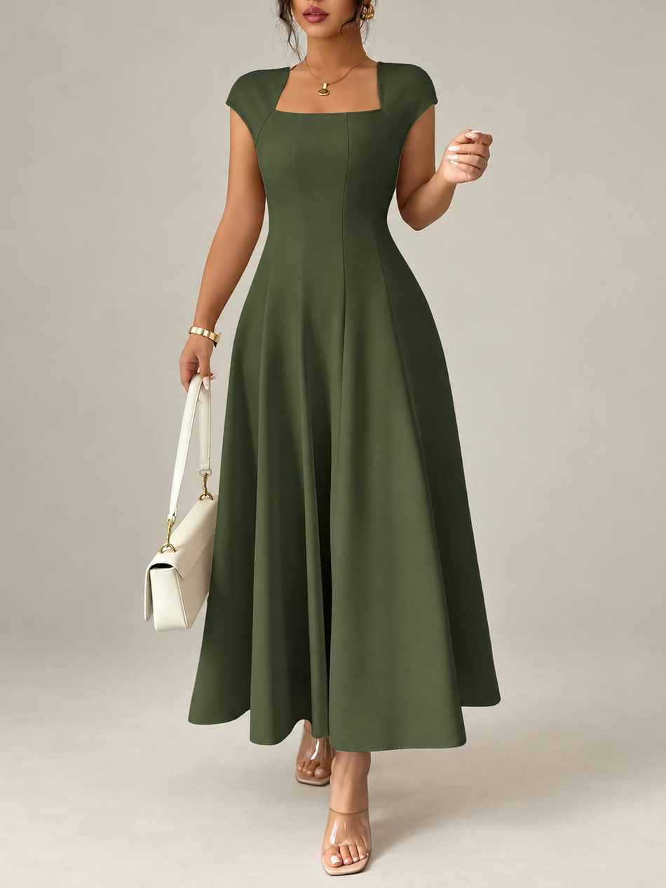Speranza, abito lungo con scollo quadrato e gonna svasata, verde