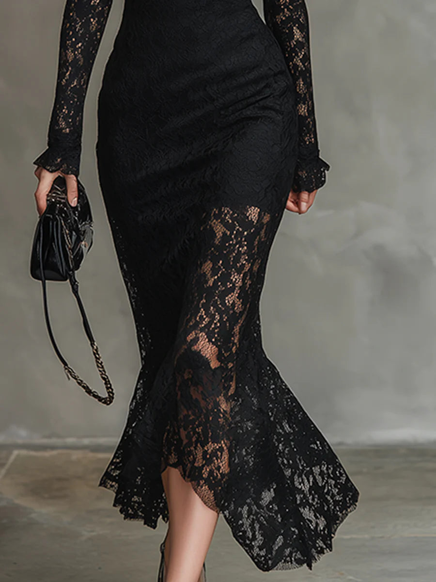 Ermelinda | Abito Maxi in Pizzo con Orlo a Sirena, Nero