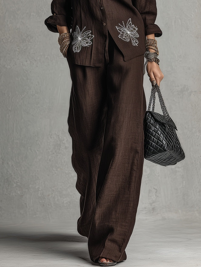 Sabina | Completo Camicia Ricamata e Pantaloni Ampi, Marrone