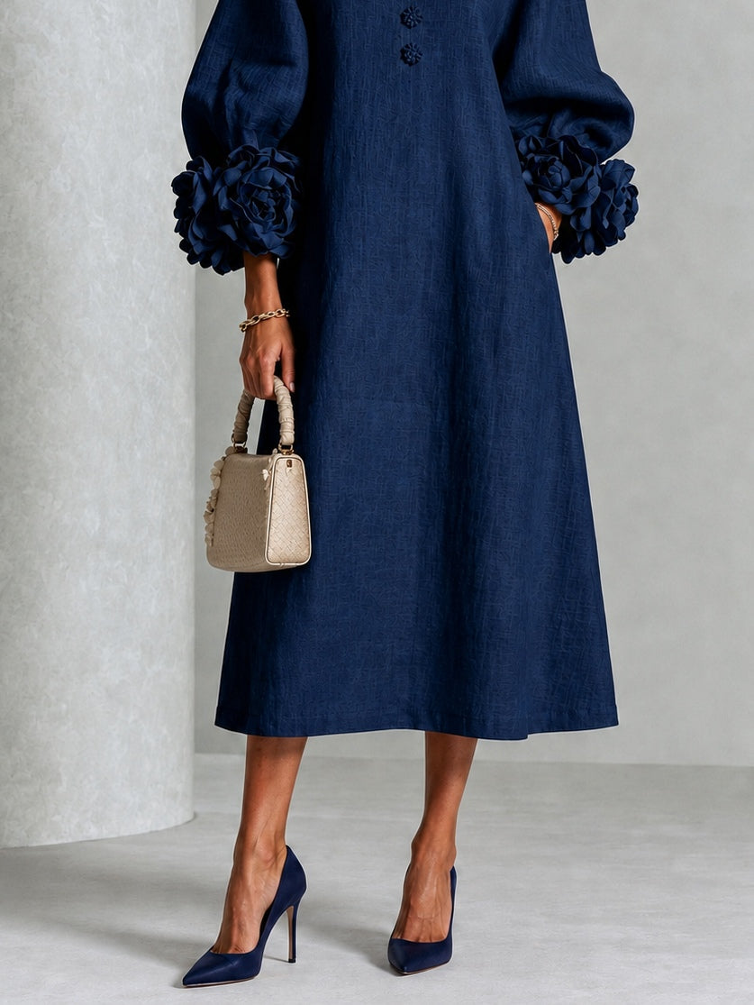 Eleonora | Abito Midi in Misto Lino con Polsini a Rosa, Blu Navy