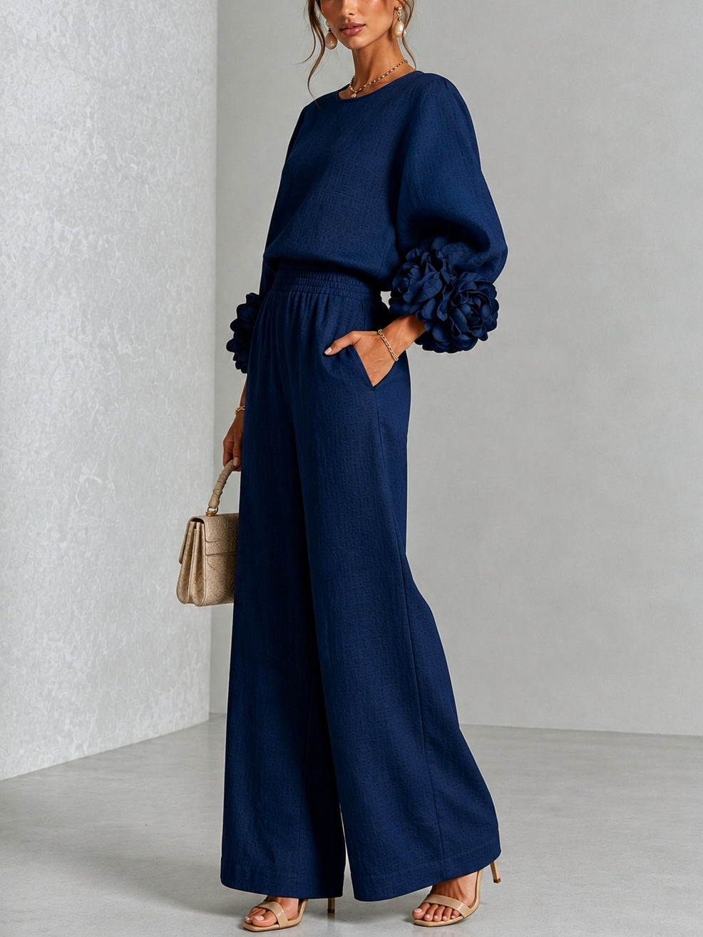 Livia completo in misto lino con polsini a rosa, blu navy