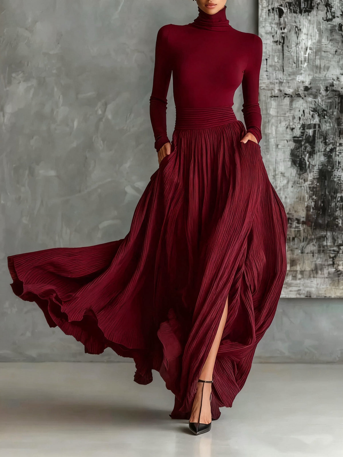 Rachelina – completo bordeaux con top a collo alto e gonna plissé, vista frontale