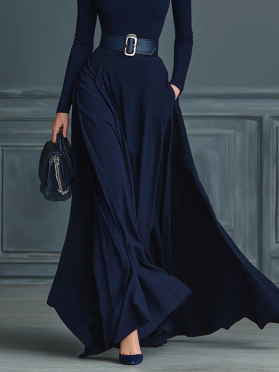 Elsa | Abito Lungo in Maglia con Collo Alto e Gonna Ampia, Blu Navy