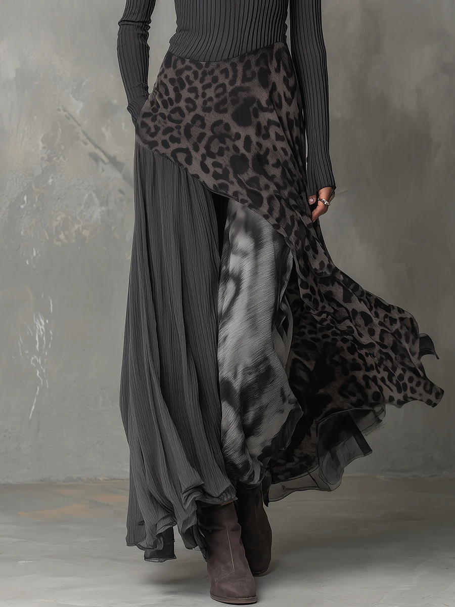Isa | Abito Maxi a Coste con Inserto Leopardato, Grigio