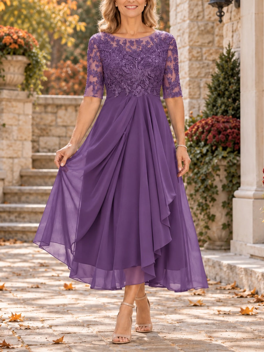 Irma | Abito Midi con Corpetto in Pizzo e Gonna in Chiffon, Viola