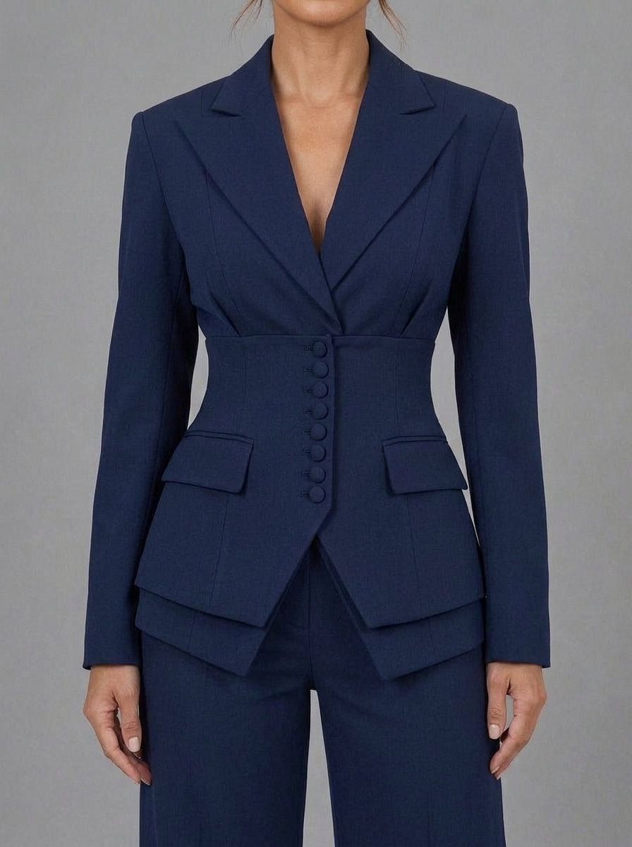 Alina — completo blu navy, dettaglio dei bottoncini rivestiti e delle tasche a patta