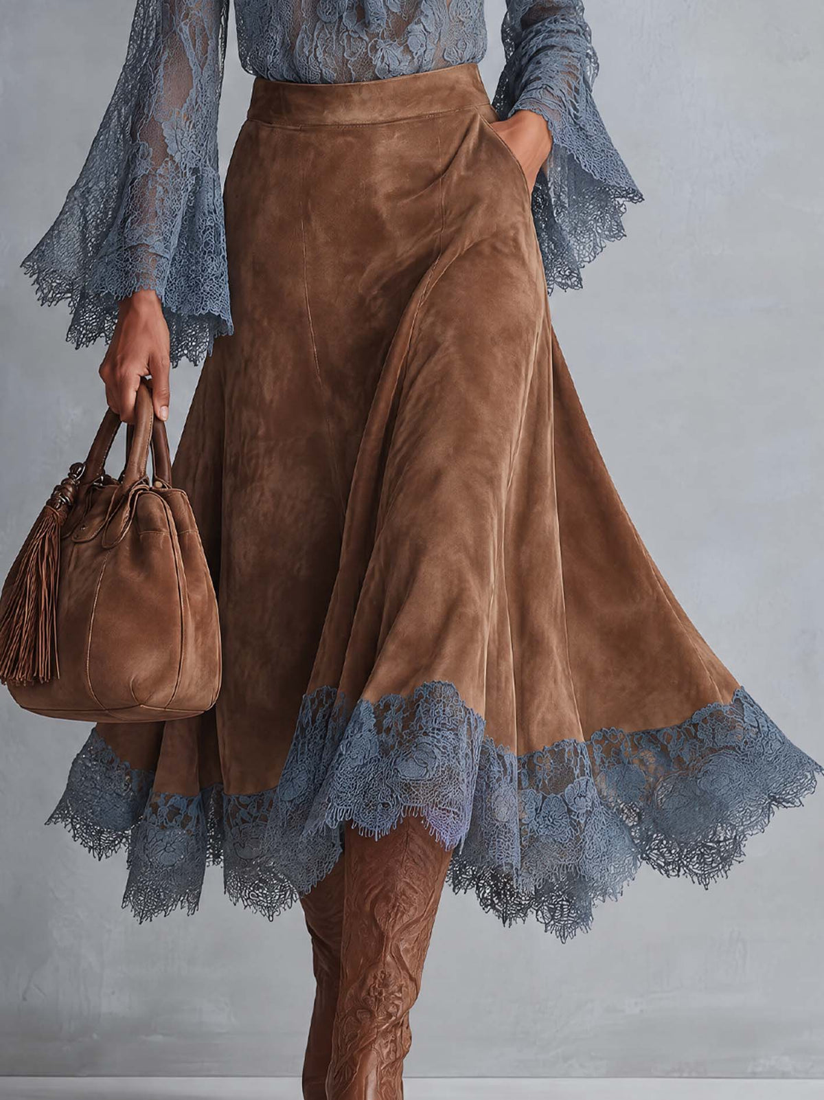Celestina | Completo Blusa in Pizzo e Gonna Midi Cammello, Azzurro Polvere e Cammello