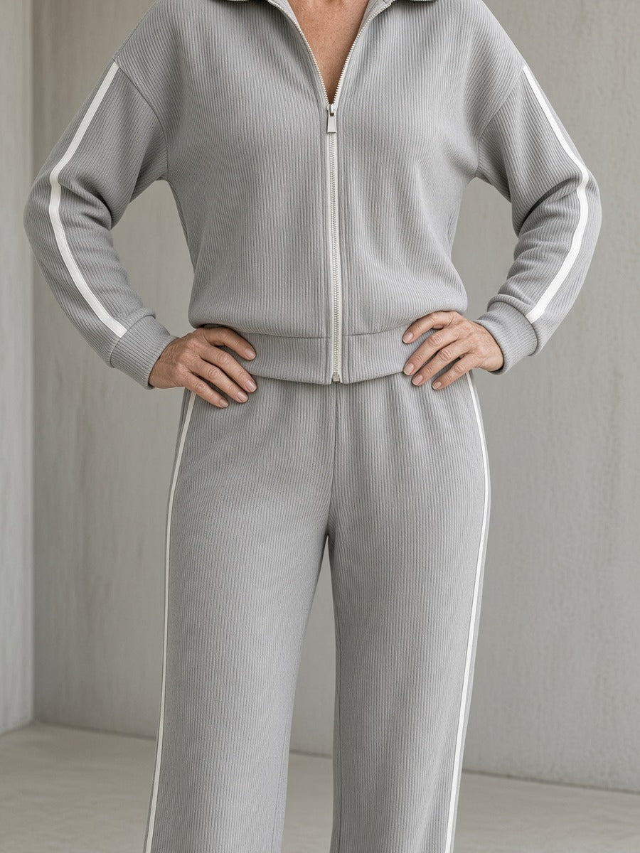 Wilma, completo con felpa a zip e pantalone ampio a bande, grigio, dettaglio