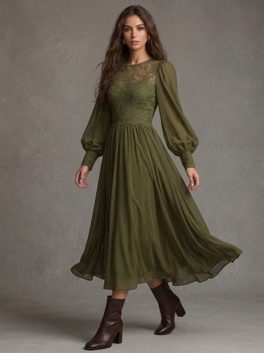 Ifigenia — abito midi in chiffon verde oliva, figura intera in movimento