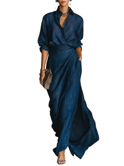 Domenica – completo blu con camicia oversize e gonna lunga, vista frontale