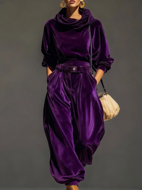 Dalmazia | completo in velluto con cappuccio e pantalone ampio, Viola