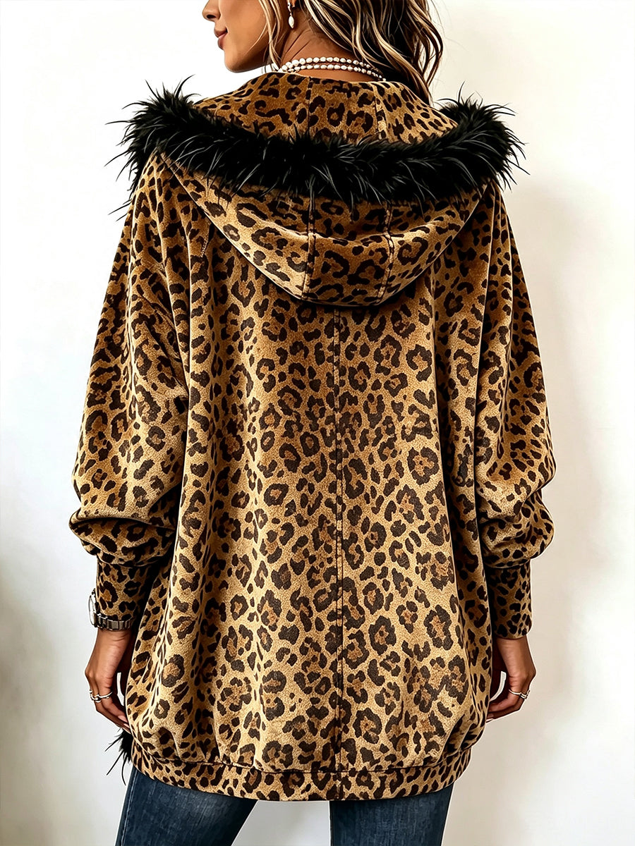 Isabella | Cardigan Leopardato con Cappuccio e Bordi Effetto Piuma