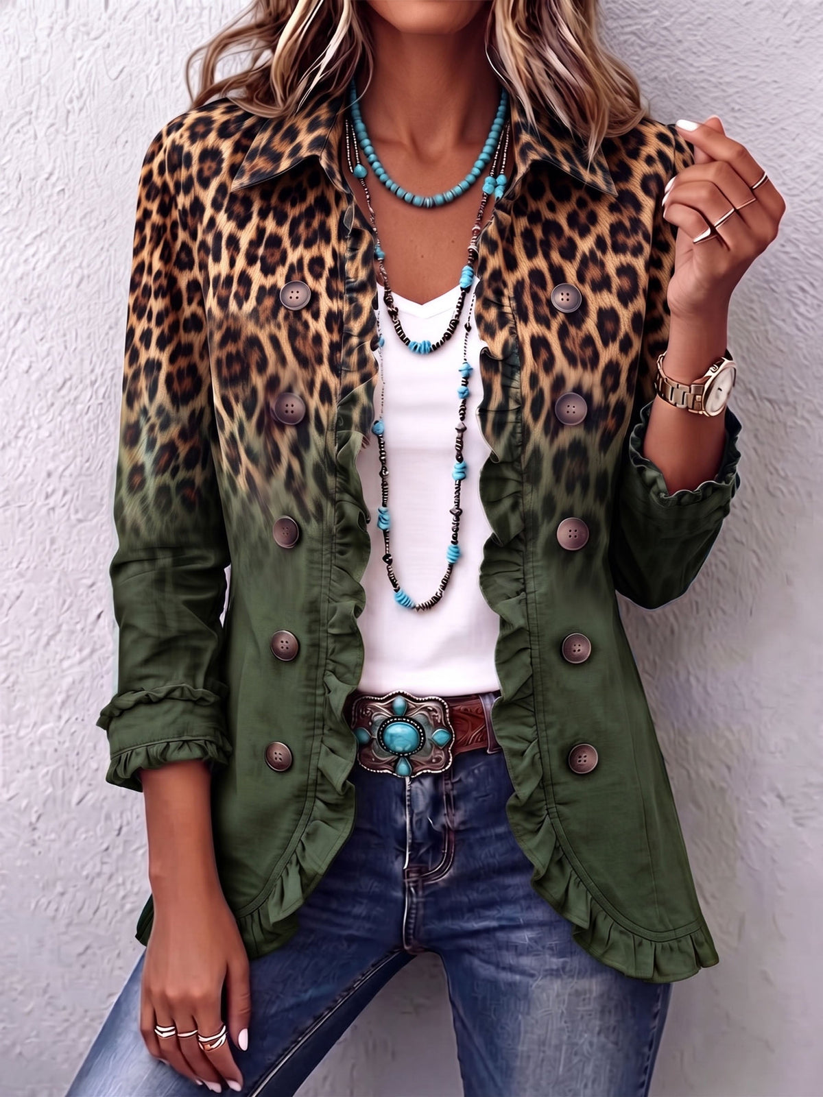 Cassandre | Blazer con Volant e Stampa Leopardata Sfumata