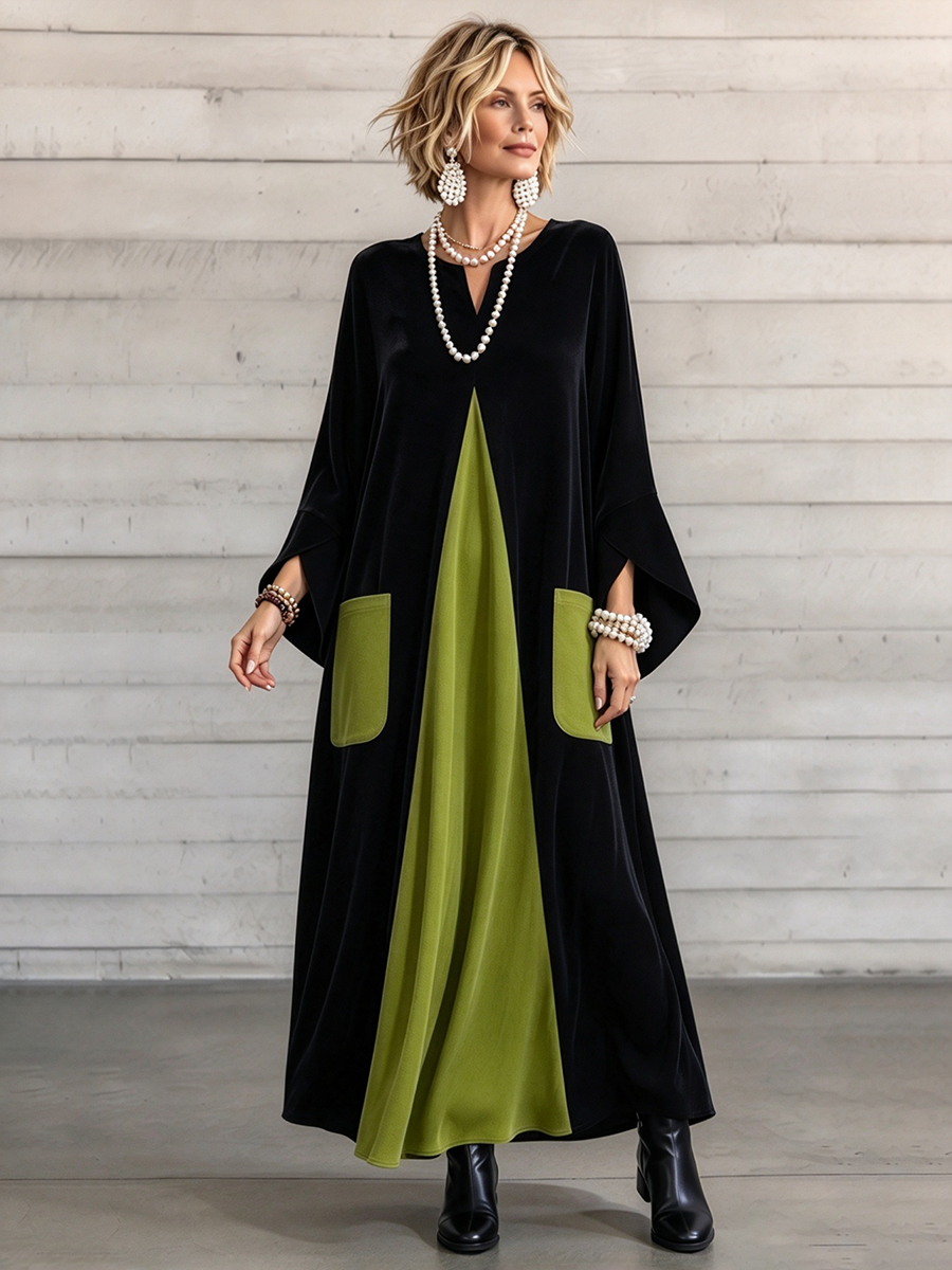 Elisenda – abito lungo effetto velluto nero con inserto centrale verde, vista frontale