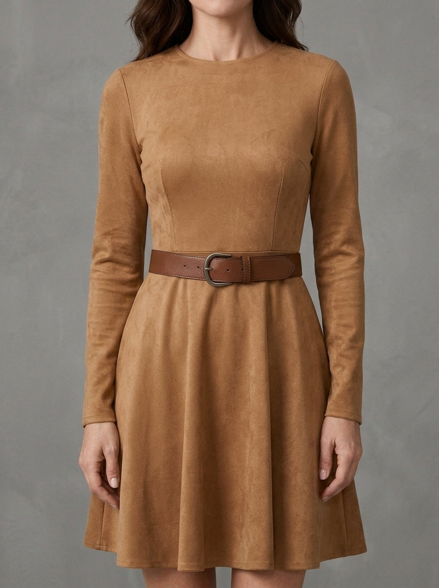 Rosita — mini abito cammello effetto suede, dettaglio del corpetto e della cintura in vita