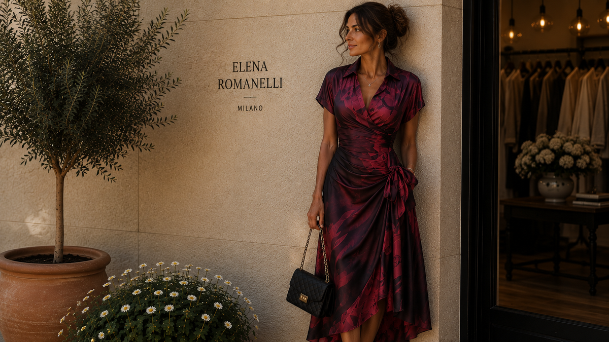 Elena Romanelli Milano — abito midi a portafoglio in stampa acquerello bordeaux davanti alla boutique
