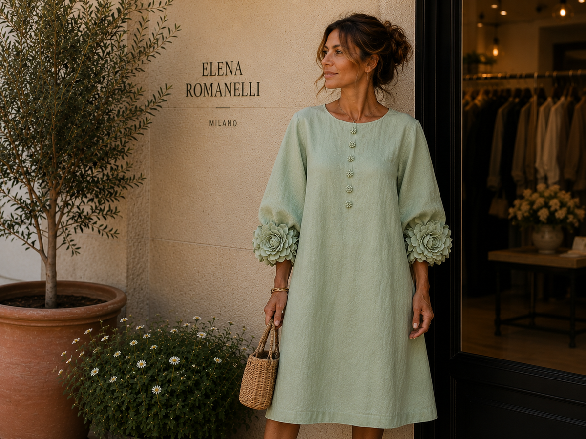Abito midi in misto lino con polsini a rosa, colore verde salvia