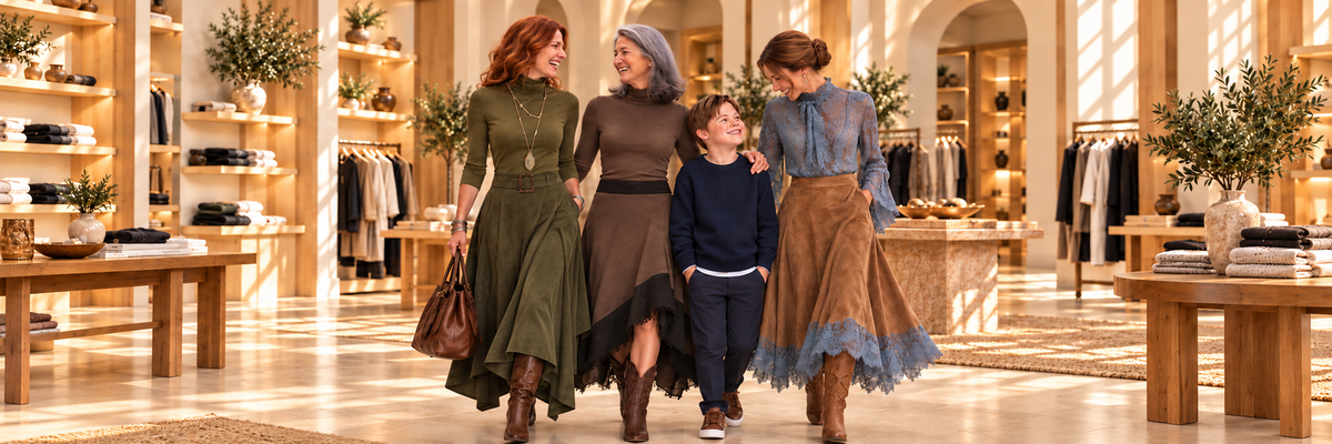 Scena illustrativa Elena Romanelli: le tre donne della boutique e Jack, con uno sguardo affettuoso rivolto al bambino.