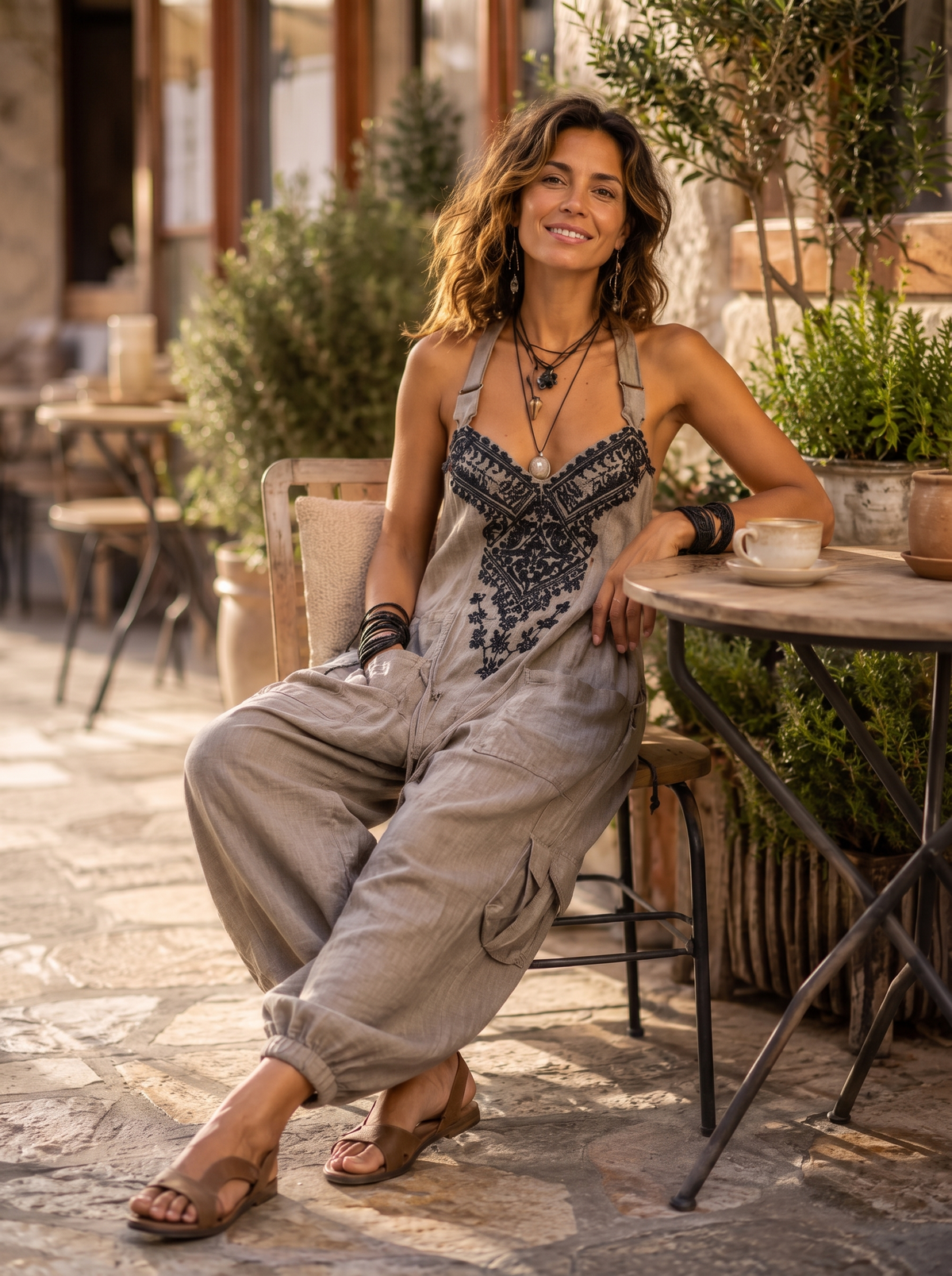 Emma, salopette boho colore grigio indossato in una terrazza mediterranea