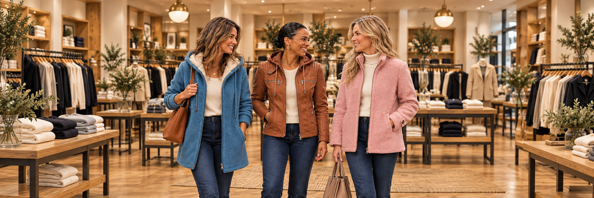Tre donne in boutique con giacca blu con cappuccio, giacca biker cognac e giacca rosa con zip