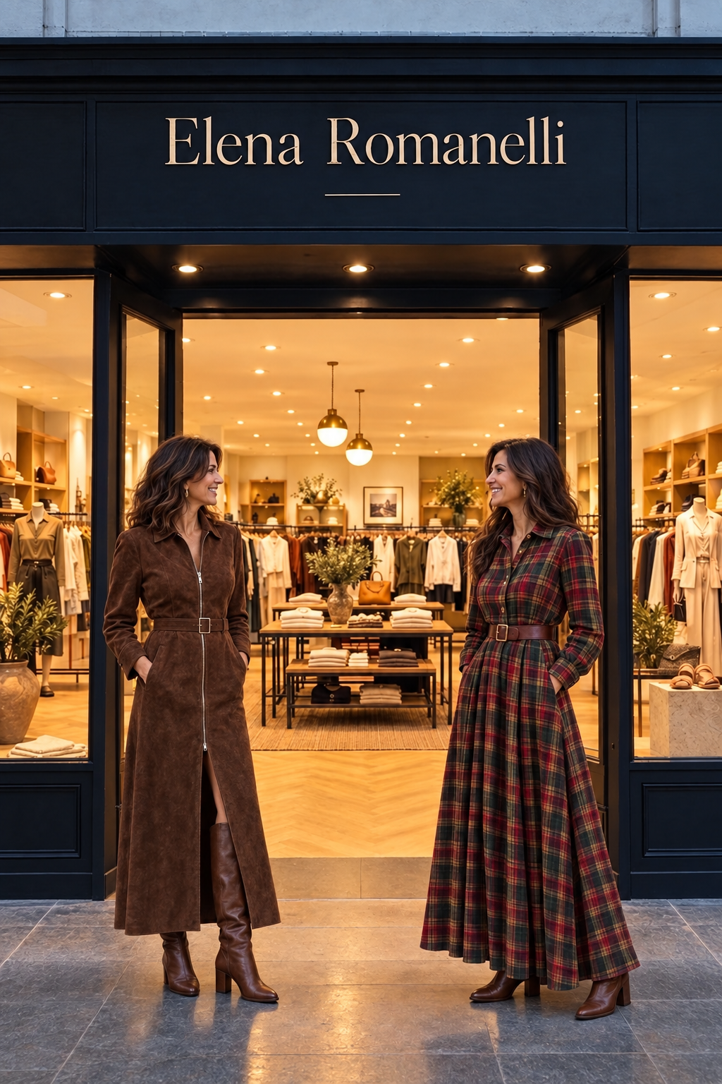 Verso l'Autunno - due donne davanti alla boutique Elena Romanelli con abito lungo in suède marrone e abito lungo a quadri con cintura