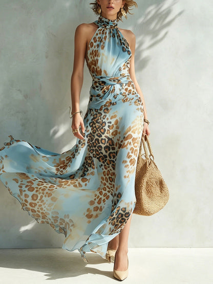 Danila – abito lungo animalier azzurro, frontale