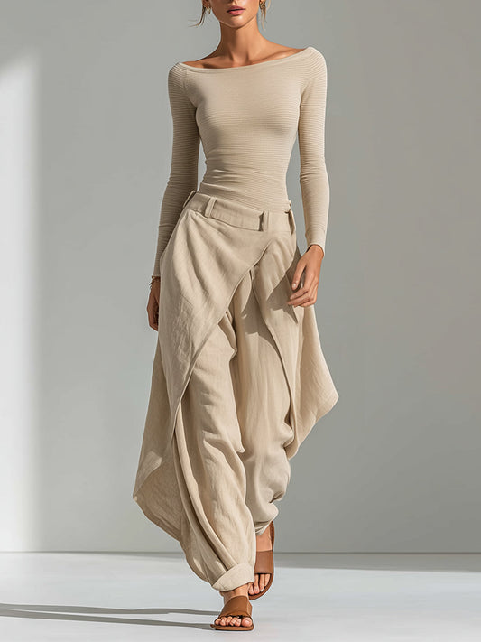 Sandra | Completo Top a Barca e Pantalone Drappeggiato, Beige