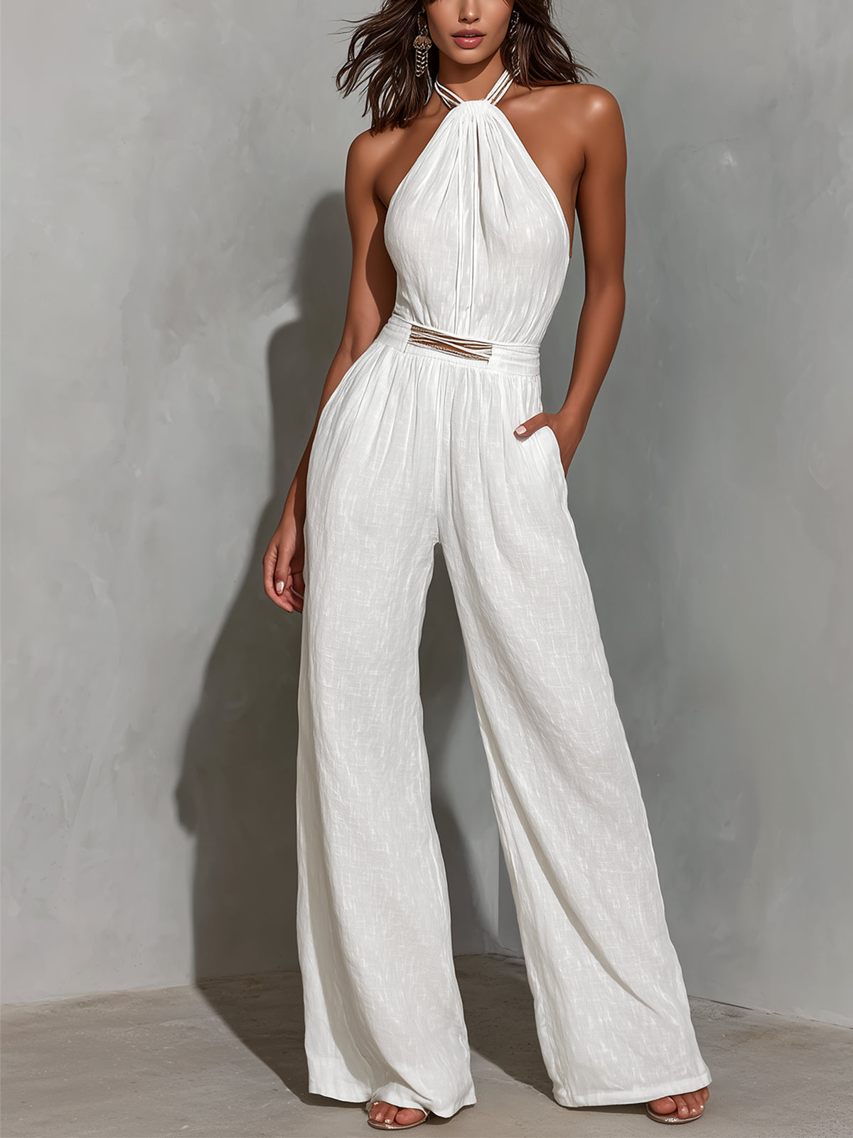 Beatrice Bis | Tuta Collo Halter in Lino Bianco