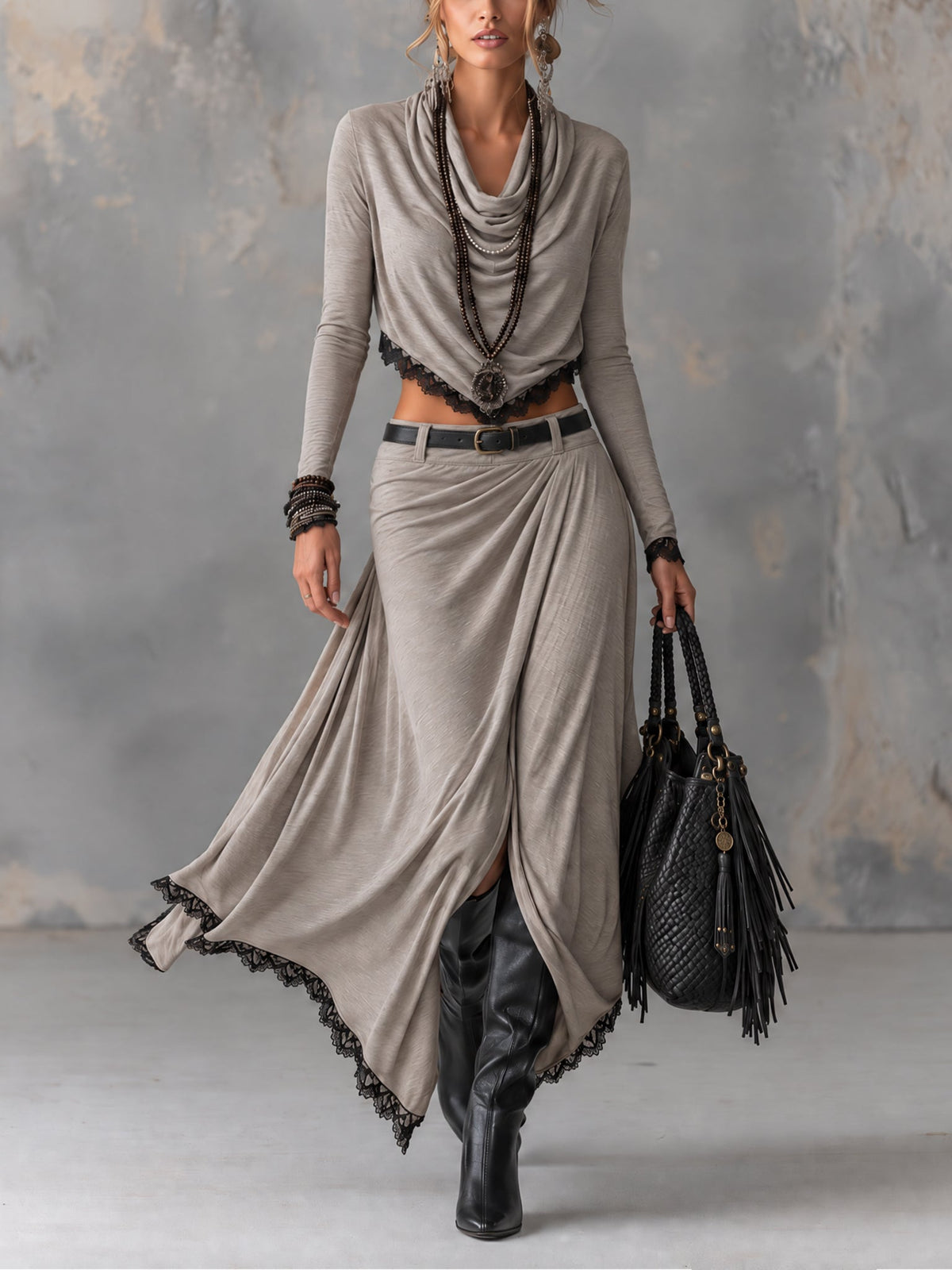 Giovanna | Completo Top con Collo Drappeggiato e Gonna Maxi con Pizzo, Grigio