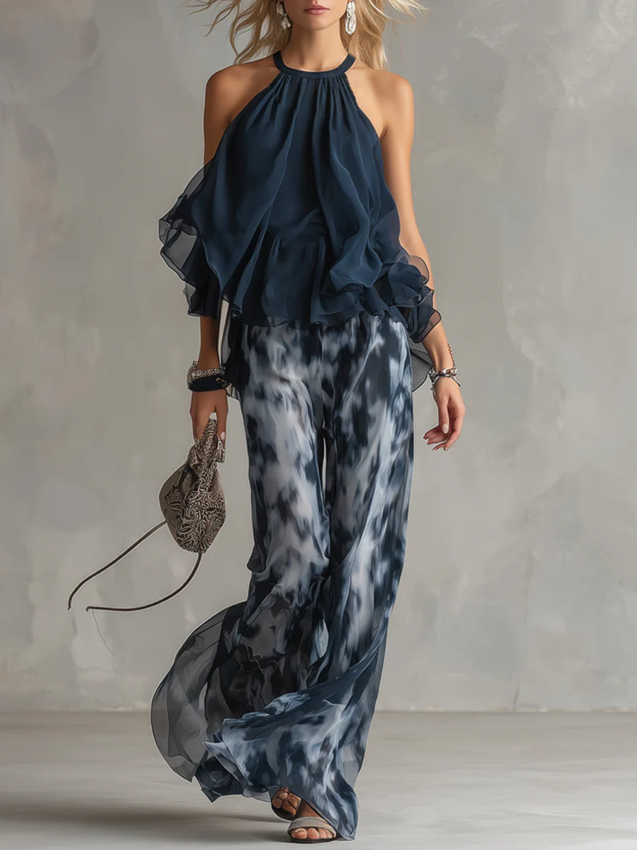 Leonilda | completo top halter e pantalone fantasia, Blu Navy