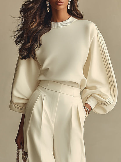 Emilia | Completo Maglione con Maniche Ampie e Pantalone a Vita Alta, Avorio