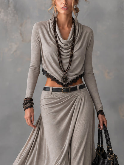 Giovanna | Completo Top con Collo Drappeggiato e Gonna Maxi con Pizzo, Grigio