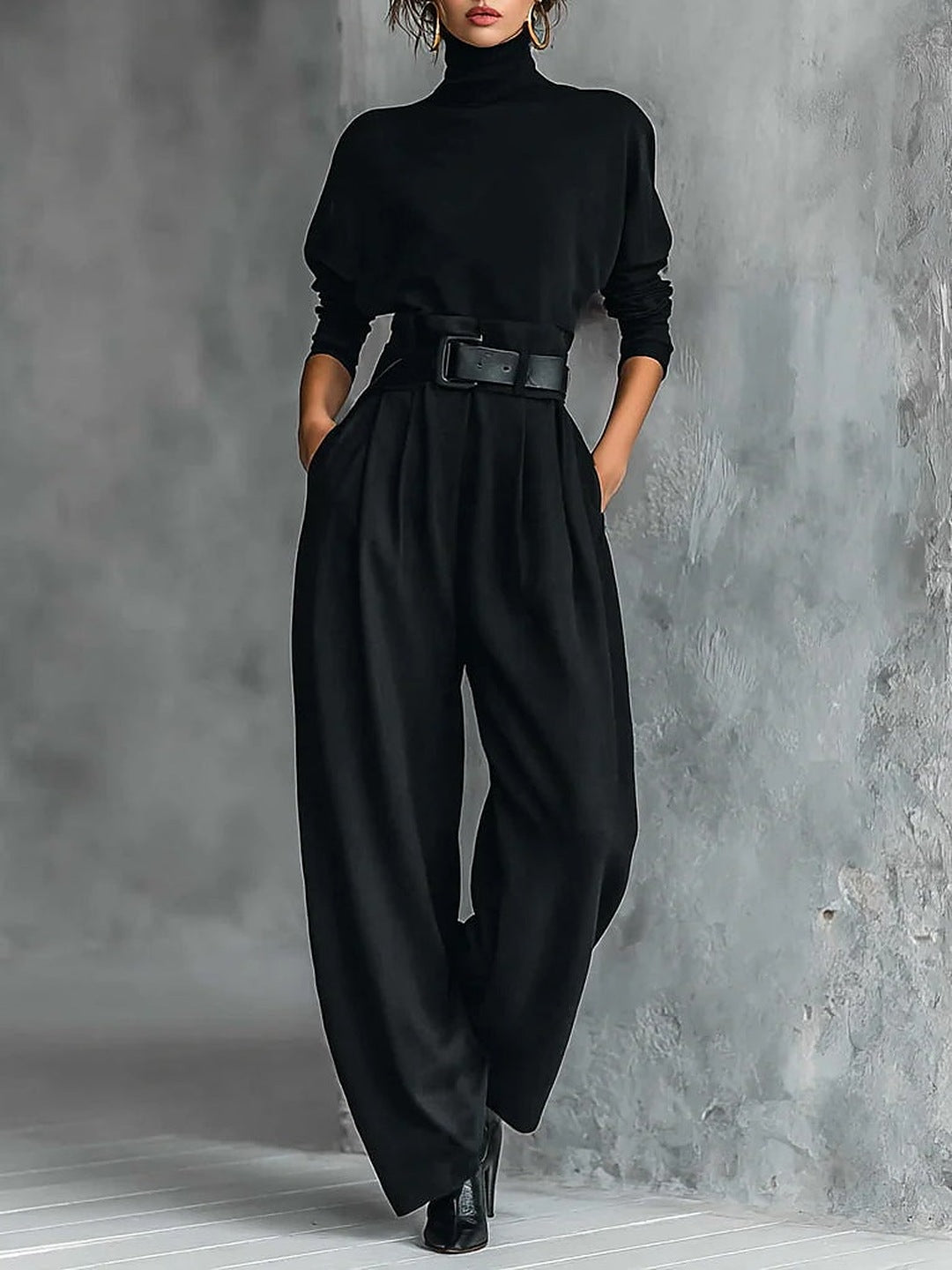 Donata | Completo Dolcevita e Pantalone a Gamba Larga con Cintura, Nero