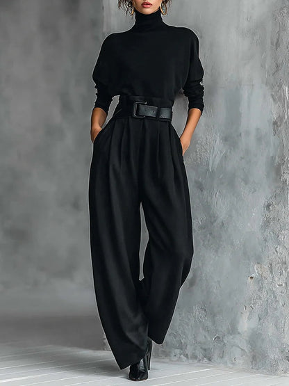Donata | Completo Dolcevita e Pantalone a Gamba Larga con Cintura, Nero