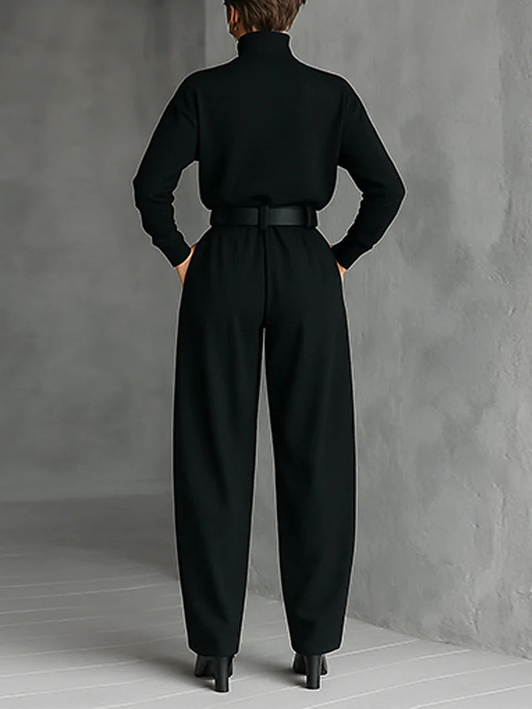 Donata | Completo Dolcevita e Pantalone a Gamba Larga con Cintura, Nero