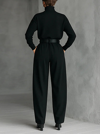 Donata | Completo Dolcevita e Pantalone a Gamba Larga con Cintura, Nero