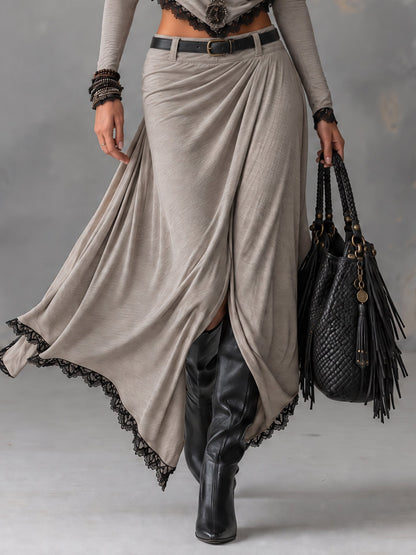 Giovanna | Completo Top con Collo Drappeggiato e Gonna Maxi con Pizzo, Grigio