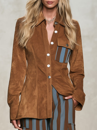 Nives | Completo Camicia Effetto Camoscio e Pantaloni a Righe, Tabacco e Azzurro