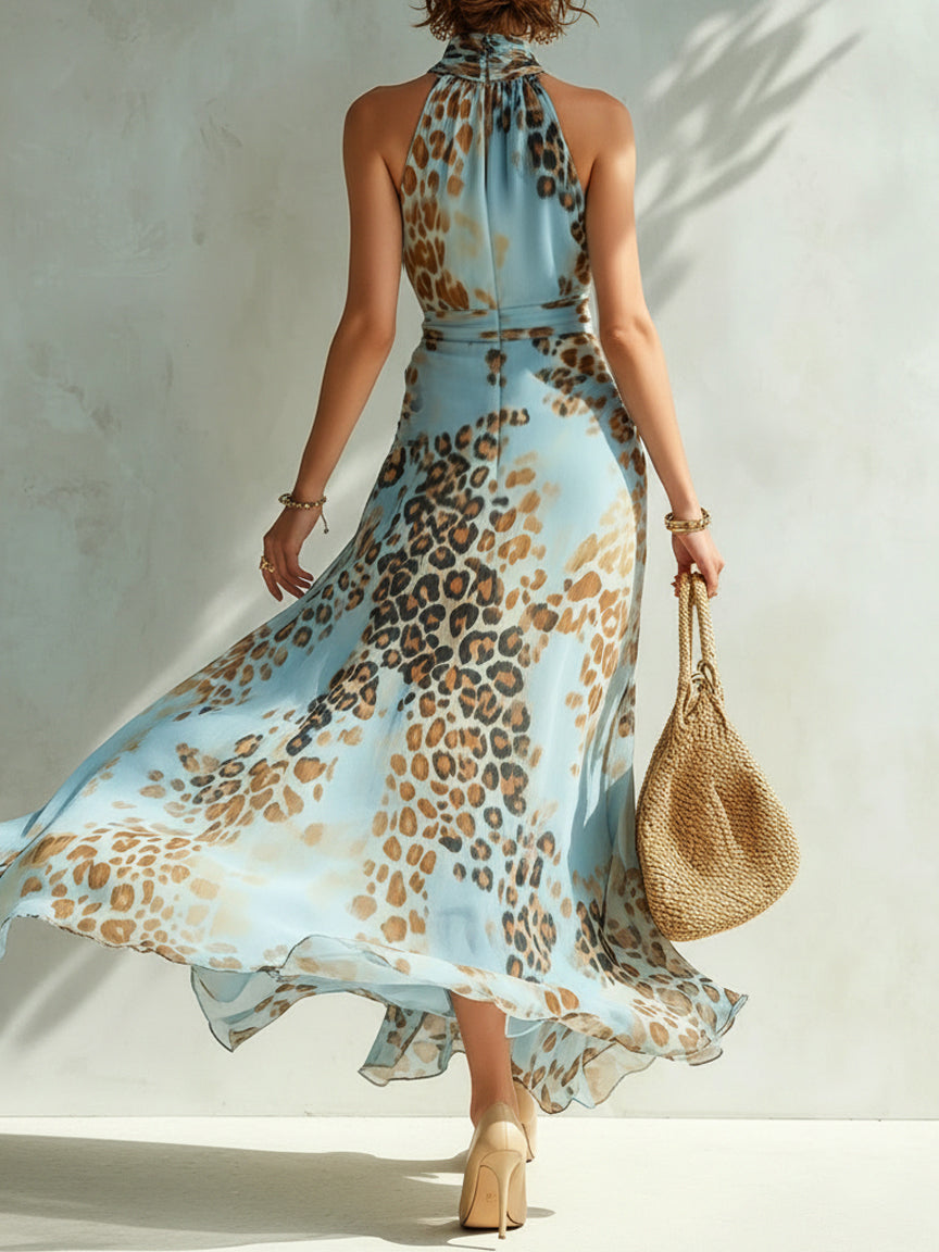 Danila – abito lungo animalier azzurro, retro