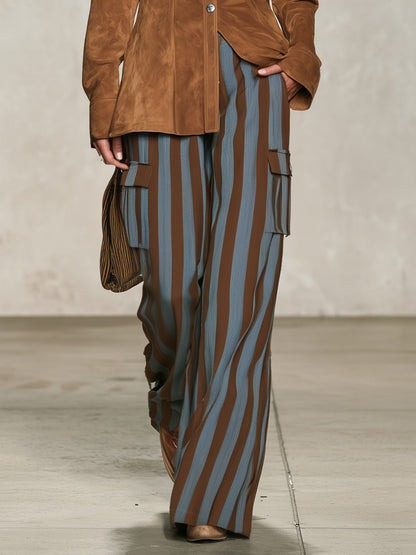 Nives | Completo Camicia Effetto Camoscio e Pantaloni a Righe, Tabacco e Azzurro