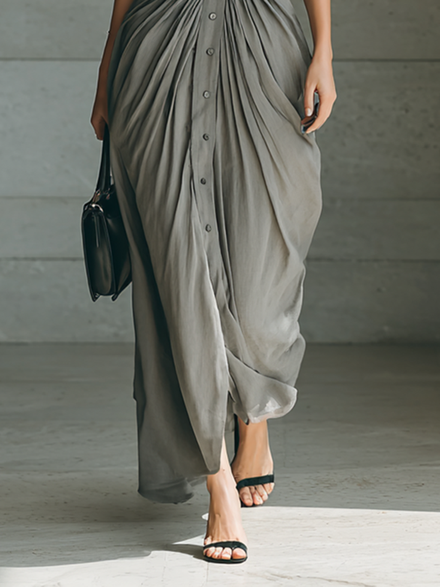 Zefirina | Abito Lungo a Camicia con Cintura Larga, Grigio