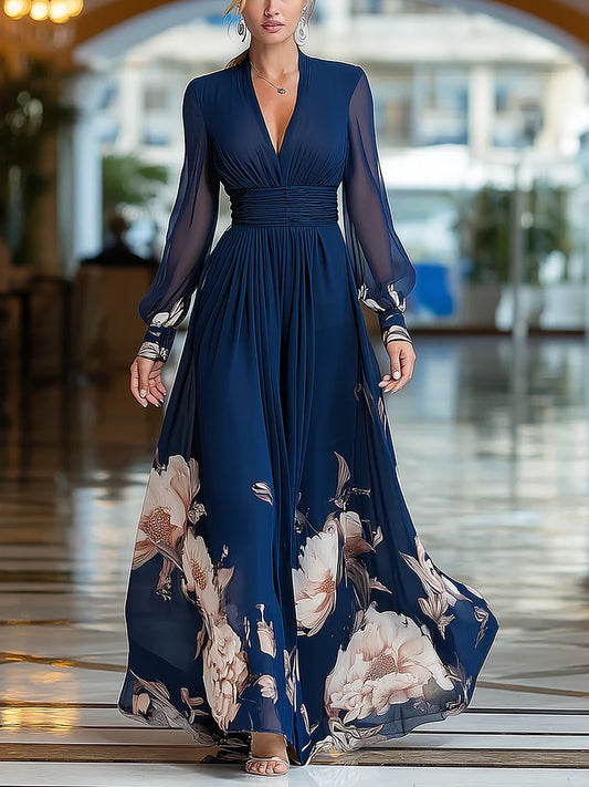 Loretta | Abito Maxi con Maniche Trasparenti e Stampa Floreale sull'Orlo, Blu Navy