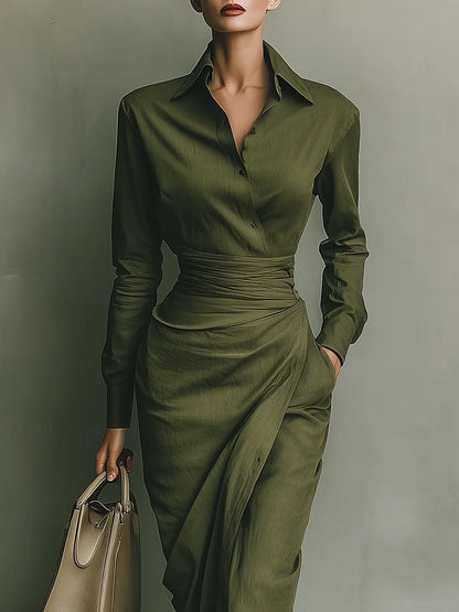 Ivana | Abito Lungo a Camicia con Vita Drappeggiata, Verde Militare